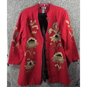 Indigo Moon Jacket Embroidered Floral Cotton Red Mandarin Collar‎ Womens Large